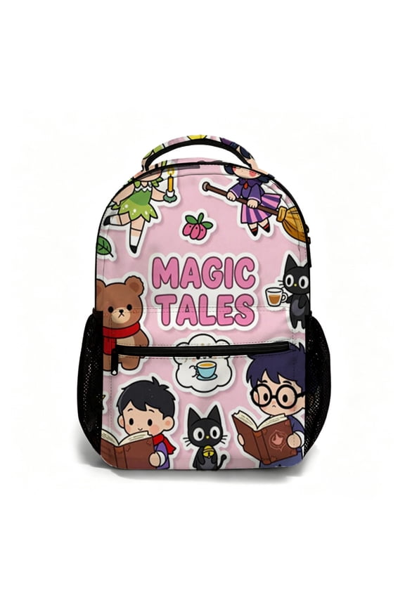 Magic Tales 17 Inch All Over Print Student Backpack, Pink Fantasy Bookbag for Back to School, Daily Commute, Travel, and Outdoor Use