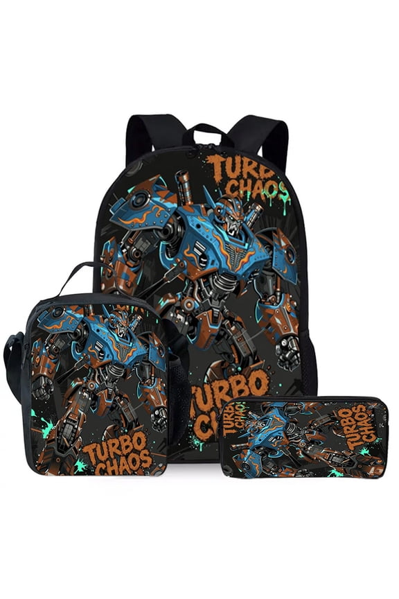 Turbo Chaos Robot Theme Fantasy Pattern Backpacks for Unisex, Lightweight Bookbag Water Resistant with Lunch Pack and Pencil Bag 3 in 1