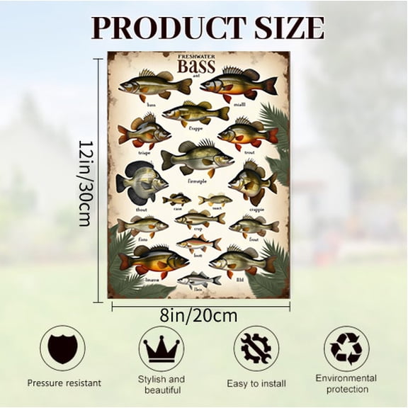 Verve & Co Shop Vintage Freshwater Bass Tin Sign, Man Cave Decor Sign for Home Wall Decor, Retro Metal Tin Sign for Fishing - Themed Rooms, 12 x 8 Inches Indoor Outdoor Decor Sign