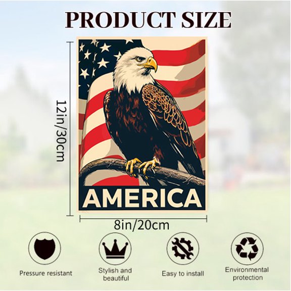 Verve & Co Shop Vintage Style Patriotic Tin Sign, American Eagle and Flag Design, Decor for USA Enthusiasts, Metal Signage, 8x12 Inches
