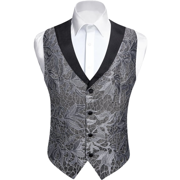 Ververow Men's Floral Jacquard Suit Vest 4 Button Shawl Collar Wedding Waistcoat Black Silve,M
