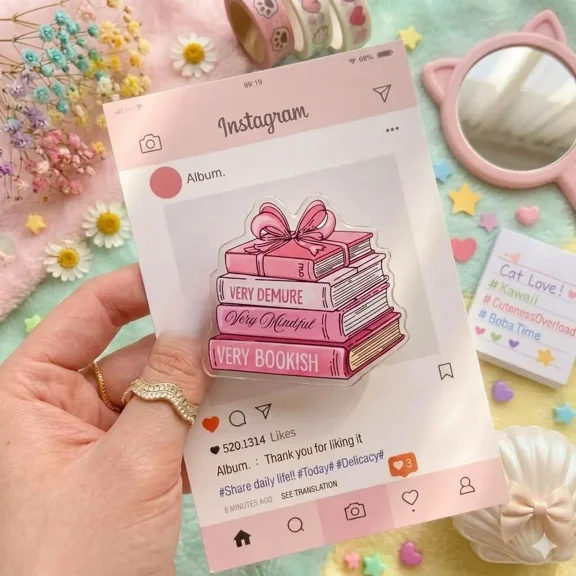 Very Bookish Phone Grip Cute Pink Book Stack Design, Kawaii Bookish Phone Holder for Teens & Students