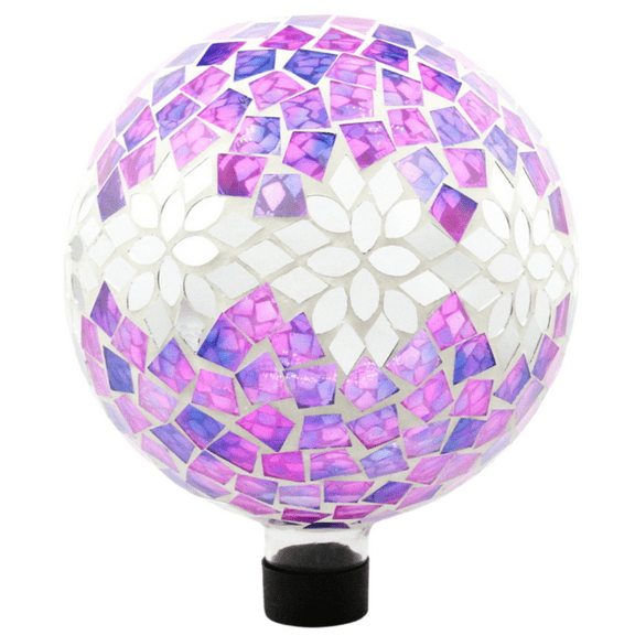 Very Cool Stuff Silver & Pink Floral Tile Gazing Globe, 10 inches - Handcrafted Mosaic Glass Dcor with Hanging Chain for Garden, Patio & Home