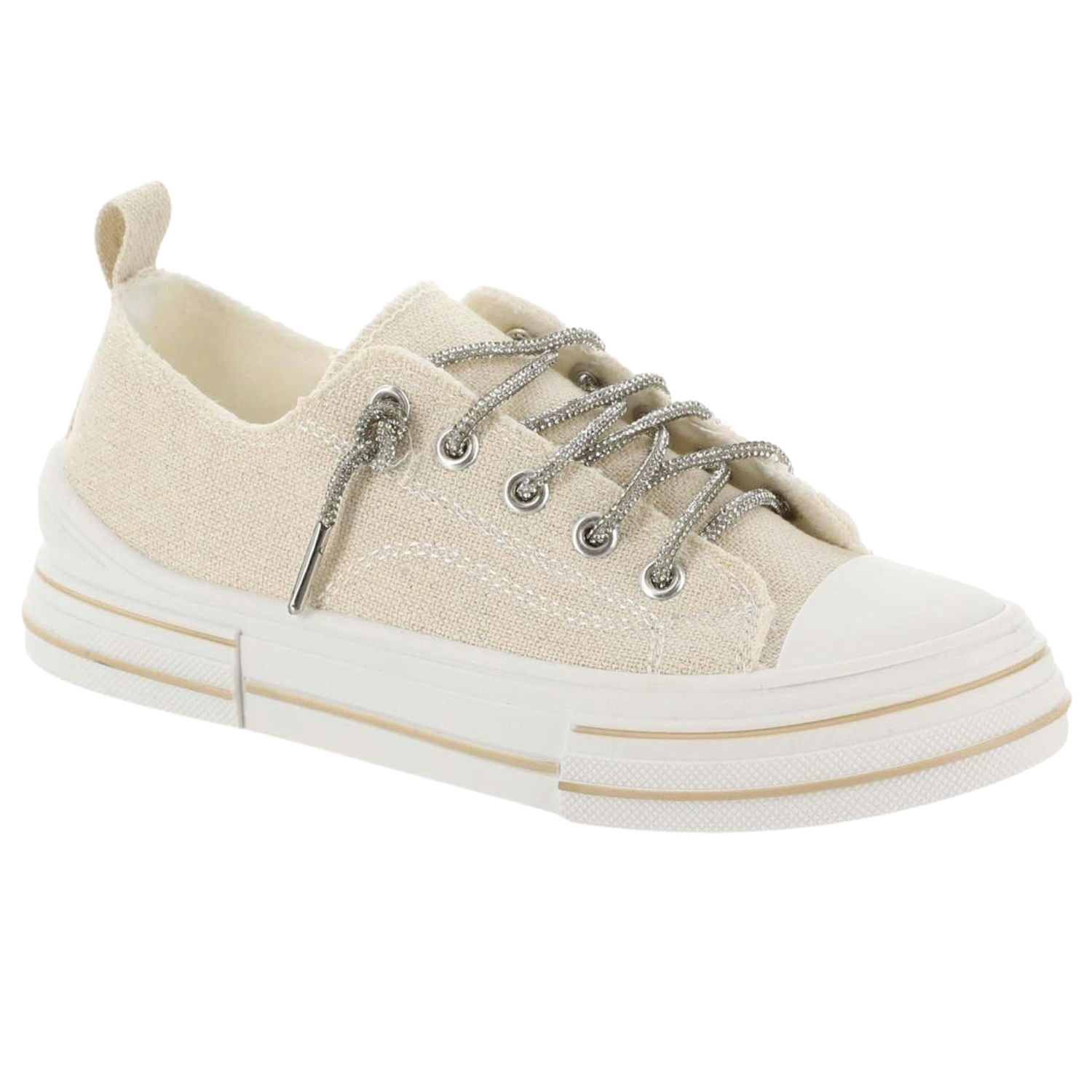 Very G Women's Aman Sparkle Lace-Up Canvas Sneakers - Chunky Platform, Cushioned Footbed, Silver Bling Laces, Natural Color