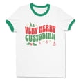 thumbnail image 1 of Very Merry Custodian Ringer Tee Shirt Unisex 2X-Large White/Kelly Green, 1 of 5