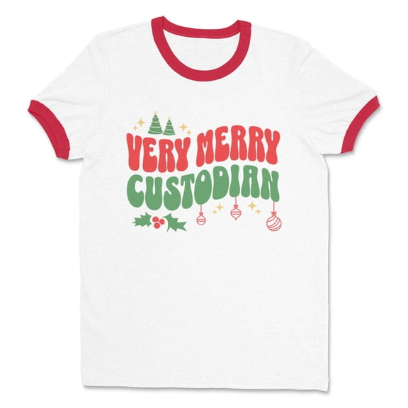 Very Merry Custodian Ringer Tee Shirt Unisex Medium White/Red