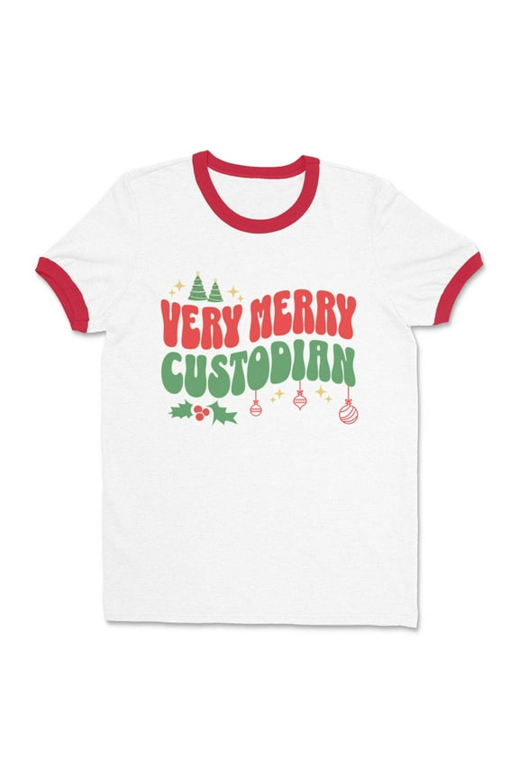 Very Merry Custodian Ringer Tee Shirt Unisex Medium White/Red