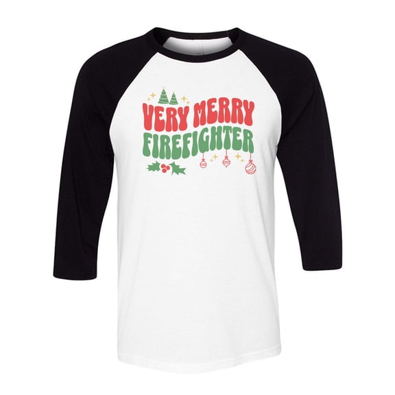 Very Merry Firefighter Three-Quarter Raglan Sleeve Baseball Shirt Unisex Small White/Black