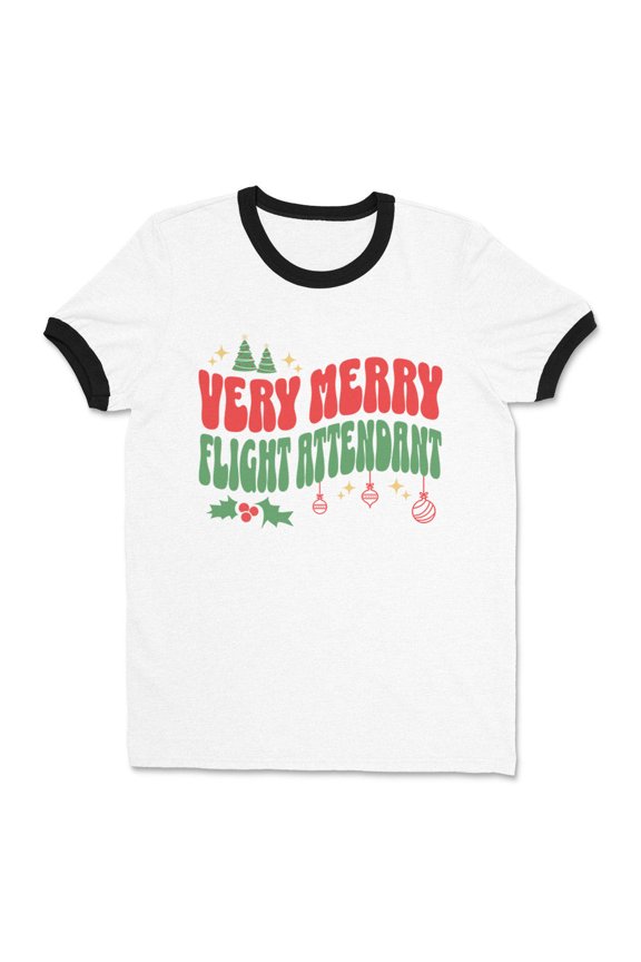 Very Merry Flight Attendant Ringer Tee Shirt Unisex 2X-Large White/Black