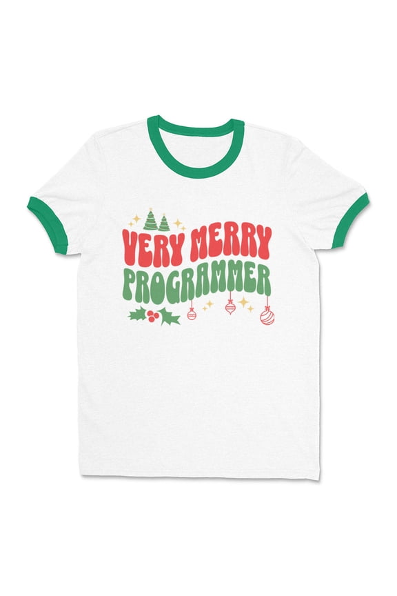 Very Merry Programmer Ringer Tee Shirt Unisex X-Large White/Kelly Green