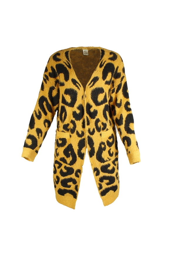Women's Long Sleeve Eyelash Knit Leopard Print Cardigan Gold L-XL