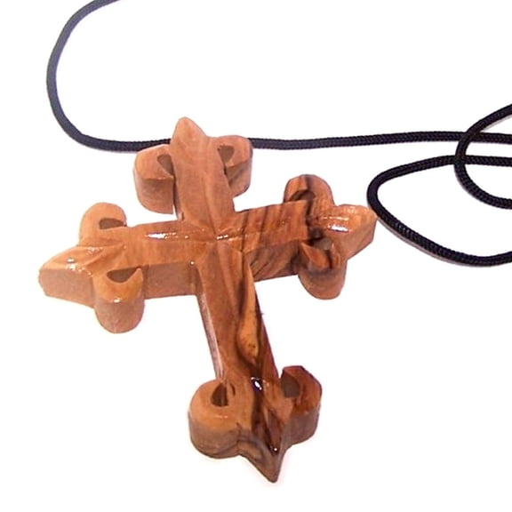 Very Thick hand carved olive wood Fleur-de-lis Cross - necklace - (2.8x2.4x.5 inches) with Certificate
