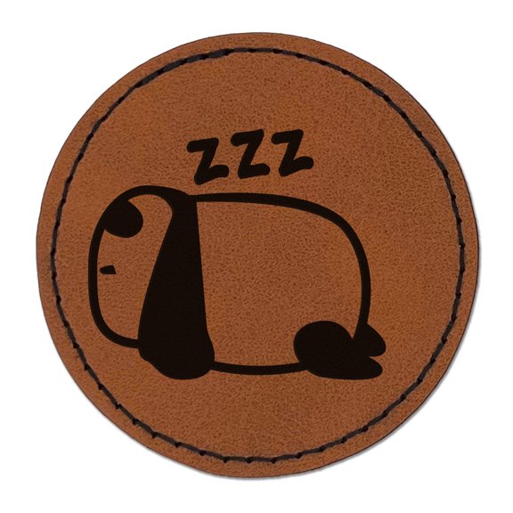Very Tired Panda Doodle Napping Sleeping Resting 2.5" Faux Leather Round Engraved Iron-On Patch - Brown