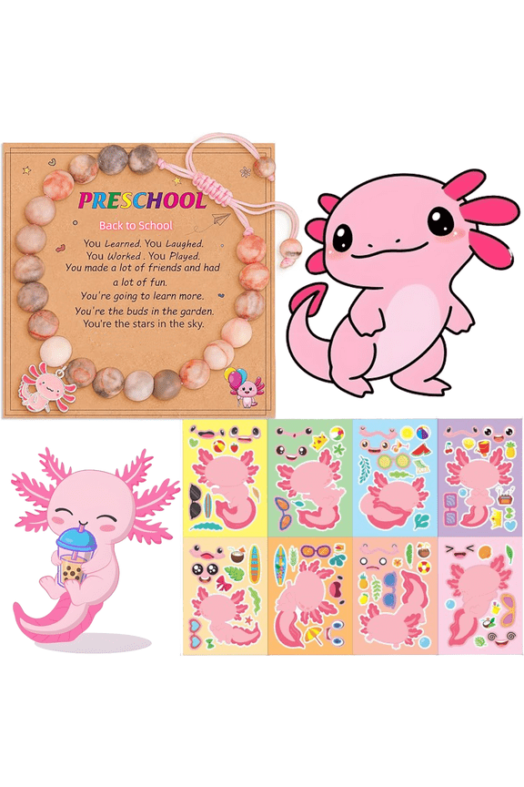 Very nice back to school set gift for kids with a bracelet, a card and eight stickers.