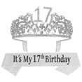 thumbnail image 1 of VeryMerryMakering 17th Birthday Glitter Sash & Silver Tiara Set for Girls, 1 of 10