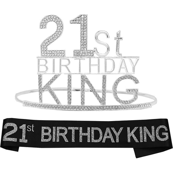 VeryMerryMakering 21th Birthday King Crown-Silver, Sash & Pin