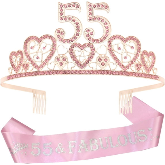 VeryMerryMakering 55th Birthday Glitter Sash & Pink Rhinestone Tiara Set