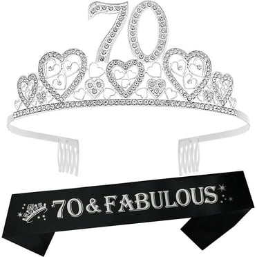 VeryMerryMakering 70th Birthday Glitter Sash & Silver Rhinestone Tiara Set