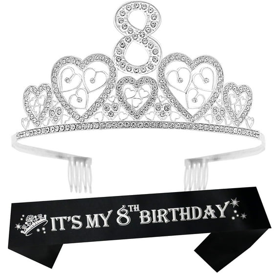 VeryMerryMakering 8th Birthday Glitter Sash & Silver Rhinestone Tiara Set for Girls