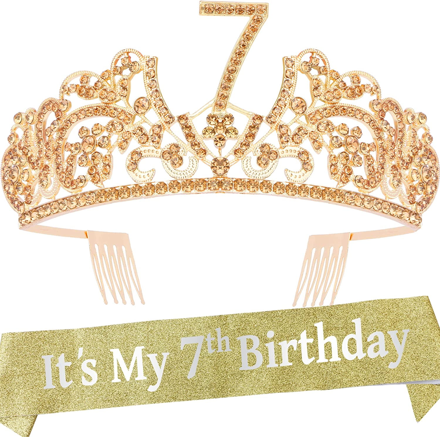 VeryMerryMakering Glitter Sash & Gold Tiara Set for Girls - 7th Birthday Princess Party Gifts