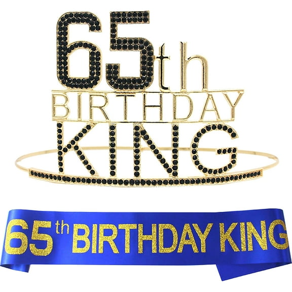 VeryMerryMakering Royal Gold and Blue 65th Birthday Crown, Sash, and Pin Set for Men and Boys - Perfect Decorations for a Memorable Birthday Party!