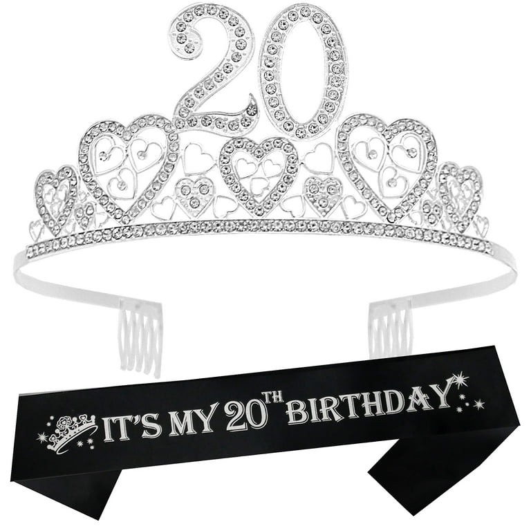 VeryMerryMakering Silver 20th Birthday Sash & Tiara Set - Glitter Sash +  Hearts Rhinestone Tiara for Women, Ideal 20th Birthday Gifts 