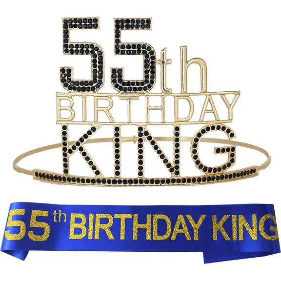 VeryMerryMakering's 55th Birthday Crown & Sash Set - Majestic Gold & Black Crown + Blue & Gold Sash, Perfect Accessory for Him at Theme Parties!