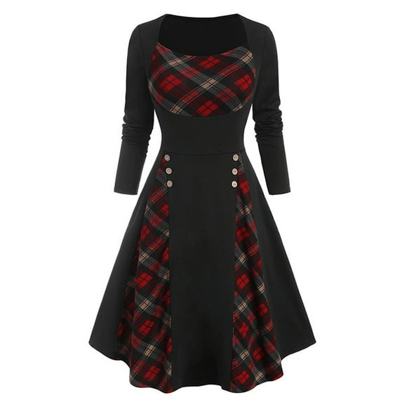 Verycand Women's Christmas Stitched Plaid Slim Waist A ;ine Square Neck Long Sleeve Dress