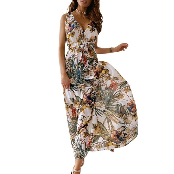 Verycand Women's Deep V Neck Printed Open Back Tie Belted Holiday Long Dress