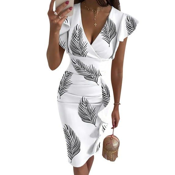 Verycand Women's Slim Fit Ruffled V Neck Short Sleeve Dress