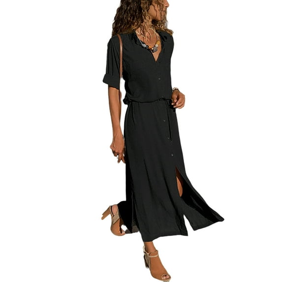 Verycand Women's Workwear Long Sleeve Lapel Single Breasted Soild Long Dress