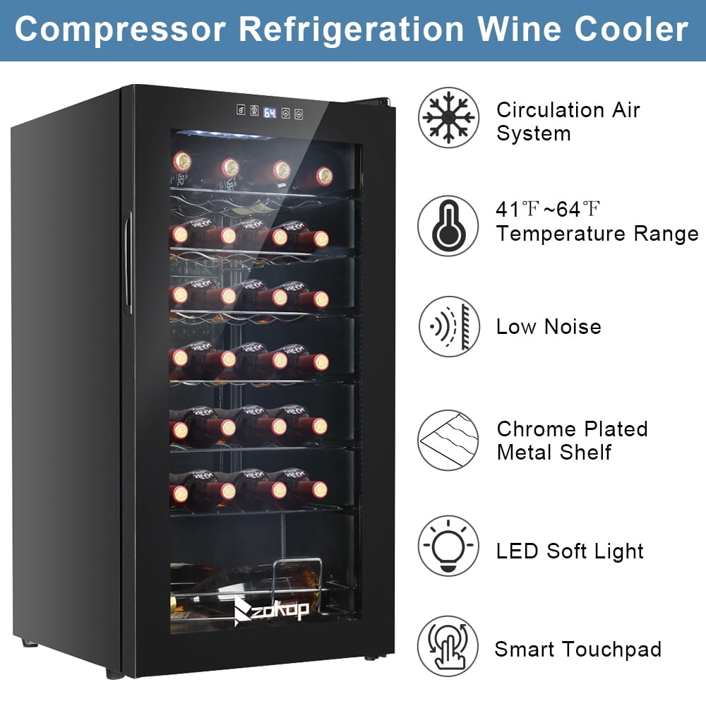 28 Bottle Black Freestanding Wine Cooler with LED Lighting