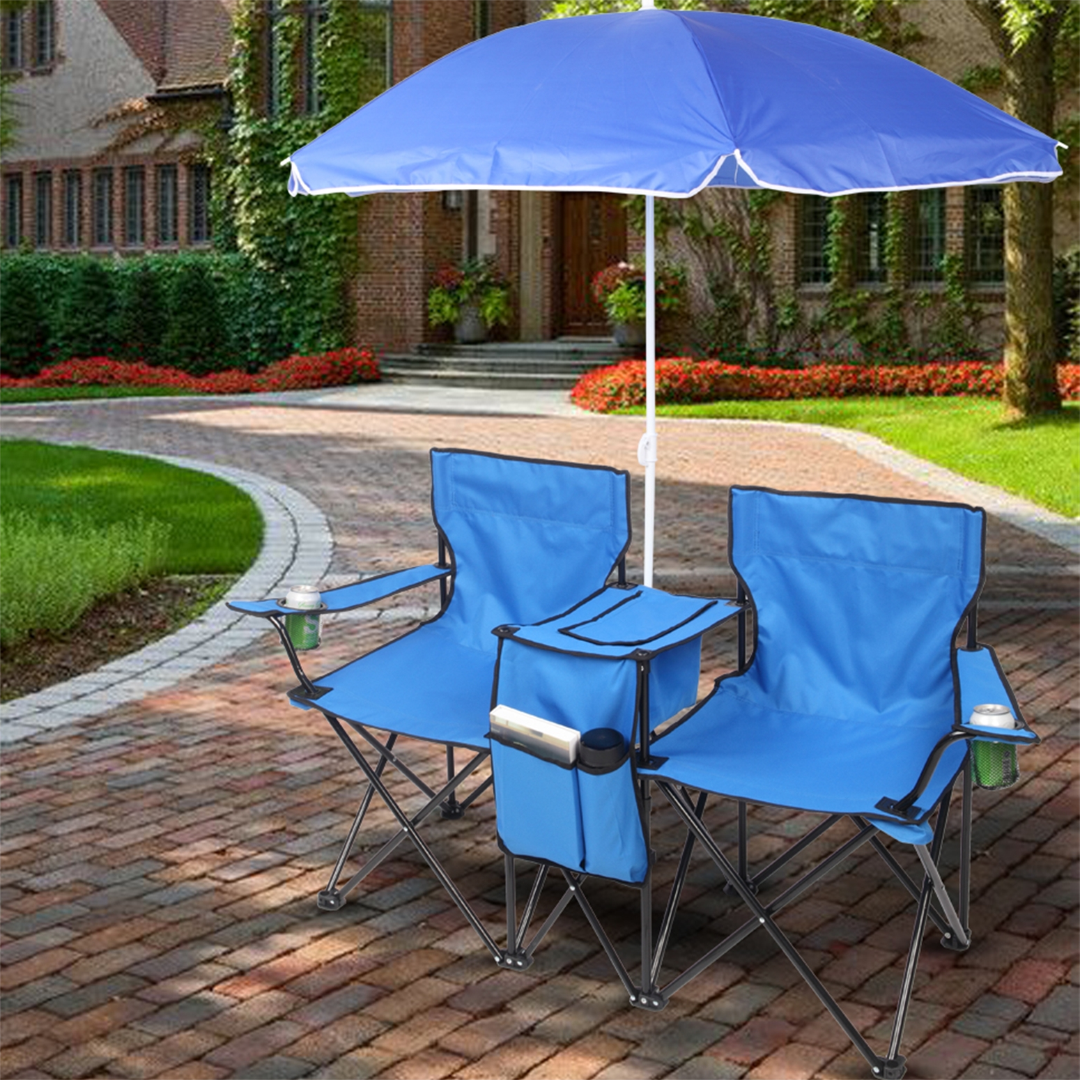 Veryke 2pcs Portable Camping Folding Chair with Removable Anti-UV Umbrella and Carrying Bag, 2-Seat Beach Chair for Outdoor Camping, Tailgates, Beach and Sports, Blue