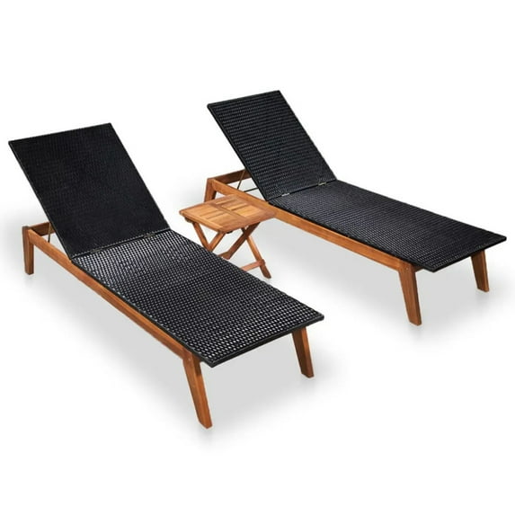 Veryke 3 PCS Outdoor Solid Wooden Rattan Chaise Lounge Chair Set w/ Side Table, Brown