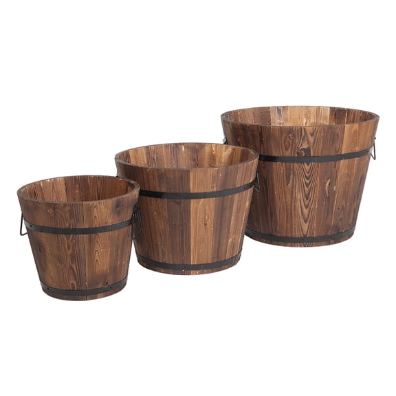 Veryke 3 Pcs Wooden Bucket Garden Planters, Rustic Flower Pot Container with Drainage Holes for Ondoor Home Decor