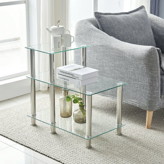 Veryke 3-layer Stepped Tempered Glass Top Rectangle Side Table with Steel Tube Legs (66*40*61cm)