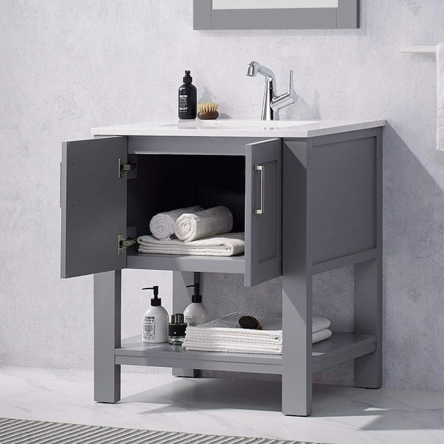 Veryke 30" Utility Sink Bathroom Vanity Pedestal Cabinet w/Ceramic Top in Gray Wood