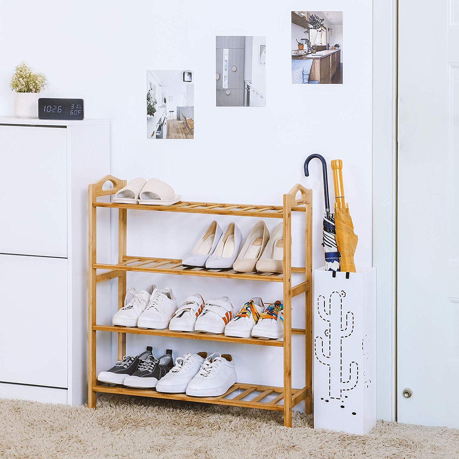 Shoe Racket With Rake Veryke 4 Tier 12-Batten Durable Shoe Rack, Bamboo, Wood Color - Walmart.com