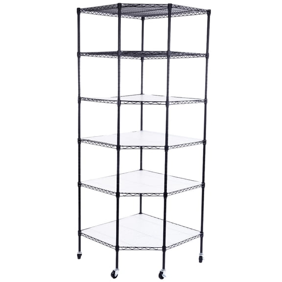 Veryke 6-Layer Plastic Coated Polygonal Shelf, Corner Storage Shelves with Wheels for Home - Black