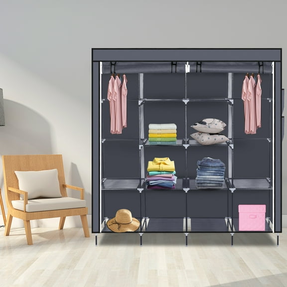 Veryke 67" Clothes Closet, Portable Wardrobe Clothes Storage Rack with 12 Shelves 4 Side Pockets - Gray