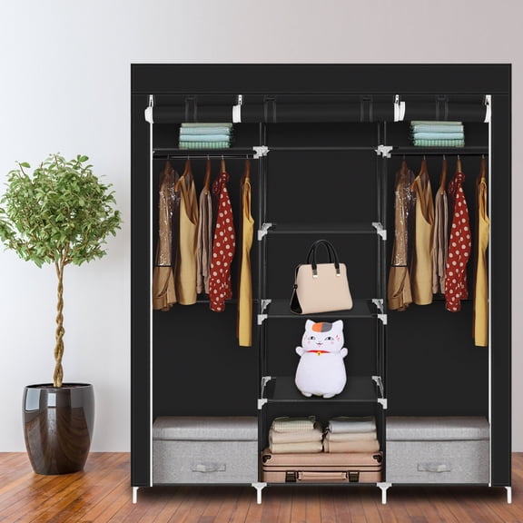 Veryke 69" Portable Clothes Closet, Fabric Wardrobe Double Rod Storage Organizer Shelf - Black