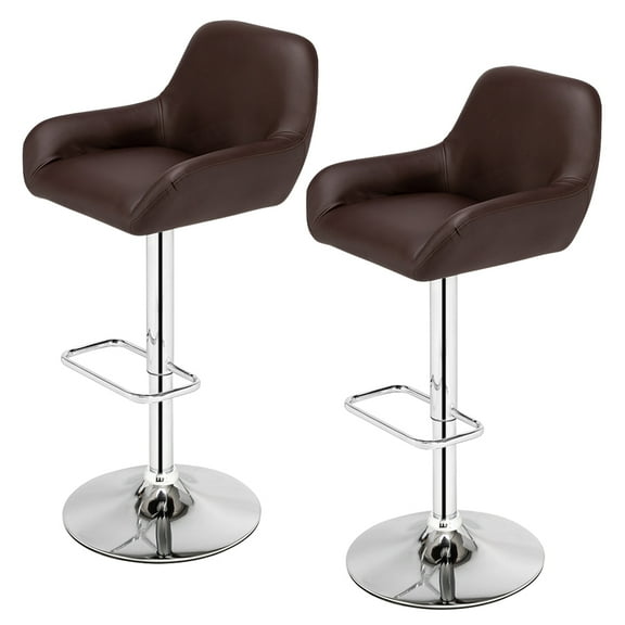 Veryke Bar Stools Set of 2, PU Bar Chair Dining Stools for Kitchen Office, Adjustable Height Leather Bar Chair, Brown