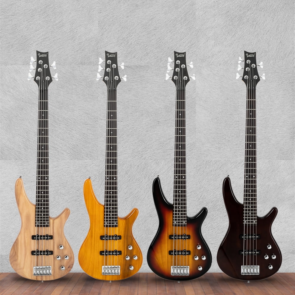 Veryke GIB Electric 5 String Bass Guitar Full Size with Bag & Strap & Pick & Connector & Wrench Tool - Transparent Yellow