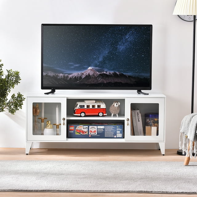 Veryke Industrial 2 Glass Door Metal TV Stand for TVs up to 55 Inches, White
