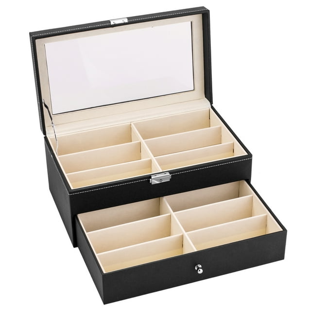 Veryke Leather 12 Piece Eyeglasses Storage, Sunglass Glasses Display Drawer, Lockable Case Storage Organizer - Black