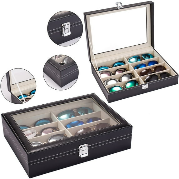 Veryke 8 Slots Leather Multi Sunglasses Organizer, Eyeglasses Display Case, Sunglass Glasses Storage Holder Box for Women Men - Black