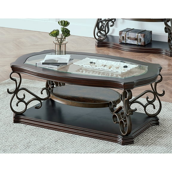 Veryke Luxury Coffee Table, Glass Top Cocktail Table - Dark Brown