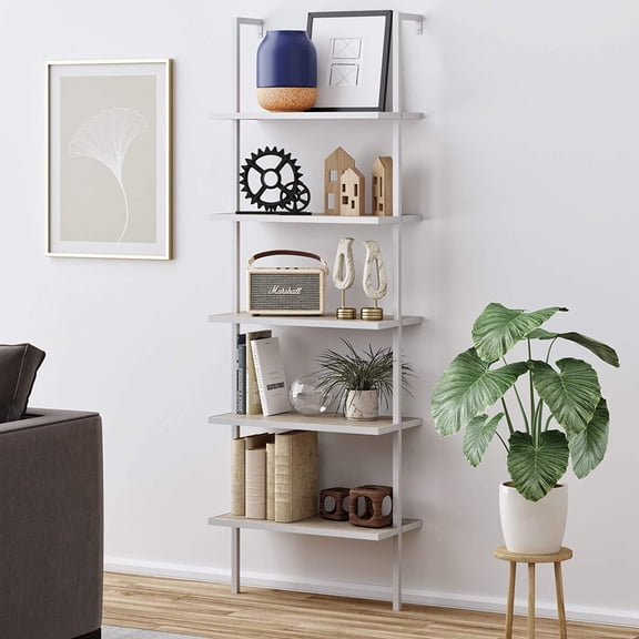 Veryke Modern 71 Inches 5-Shelf Ladder Bookcase, Industrial Storage Bookshelf with Metal Frame, 5-Tier Wall Mounted Shelves for Plant Stand Living Room Bedroom Home Decor, White