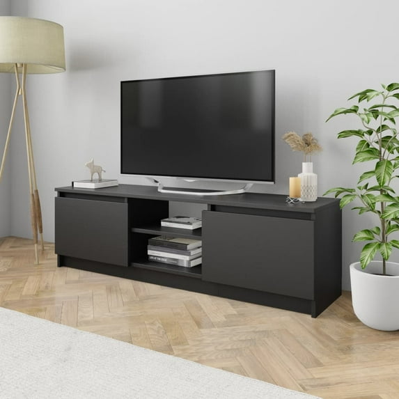 Veryke Modern TV Stand with 2 Doors and Open Shelves for TVs up to 55 Inches, Black