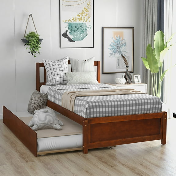 Veryke Modern Wood with Trundle Platform Bed, Twin, Walnut